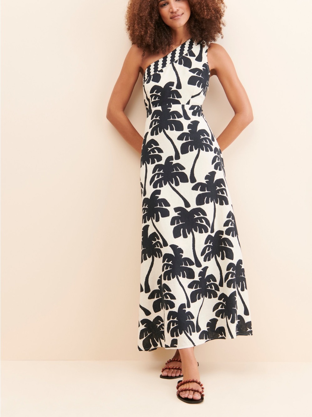 Farm Rio One Shoulder Linen Palm Tree Dress | Black & White | Size Small